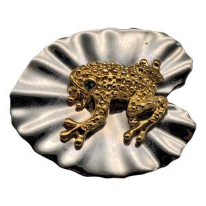 Vintage Frog on Lily Pad Brooch Gold Tone Frog Green Eyes 1970s Pin